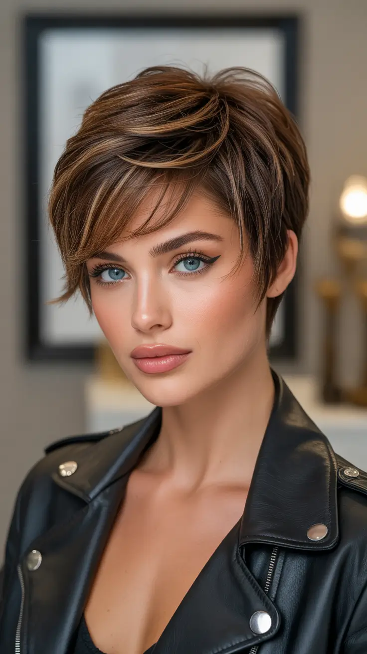 short Hairstyles Layered Brunette Pixie Bob With Subtle Highlights