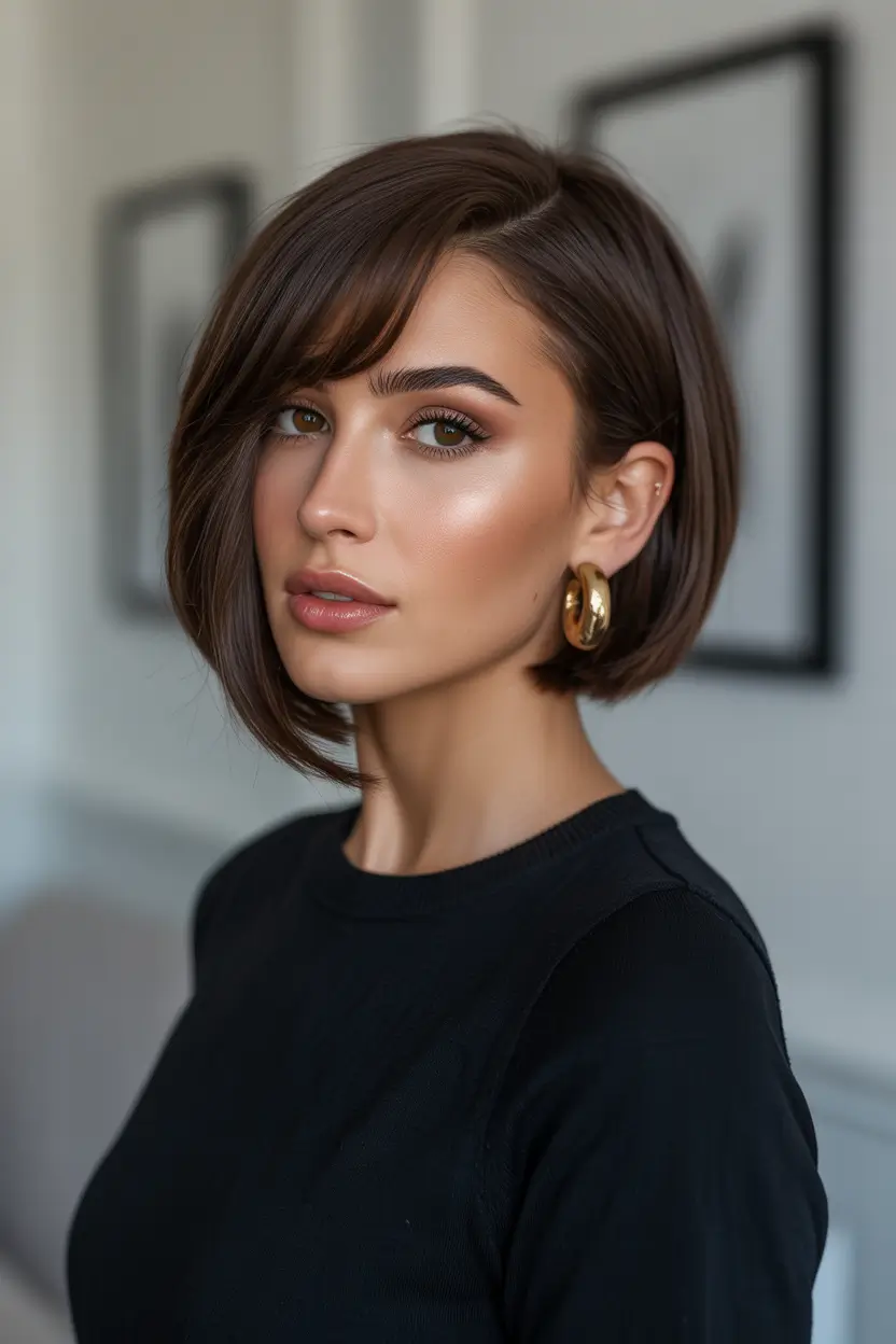 short Hairstyles Chocolate Sleek Bob With Side-Swept Soft Bangs