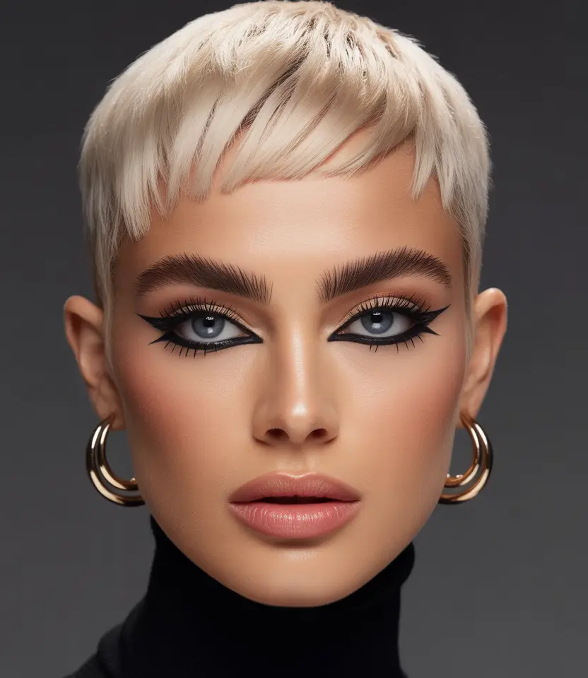 short Hairstyles Platinum Micro-Pixie With Graphic Baby Bangs