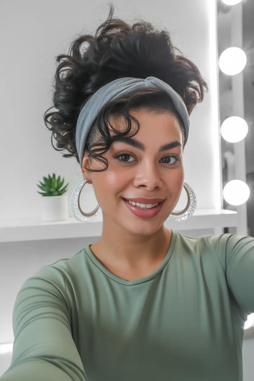 curly hairstyle Soft Curls Lifted Into a Chic Headband Updo
