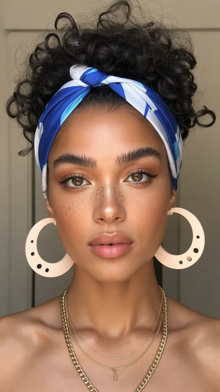 curly hairstyle High Curly Updo With a Printed Scarf Wrap