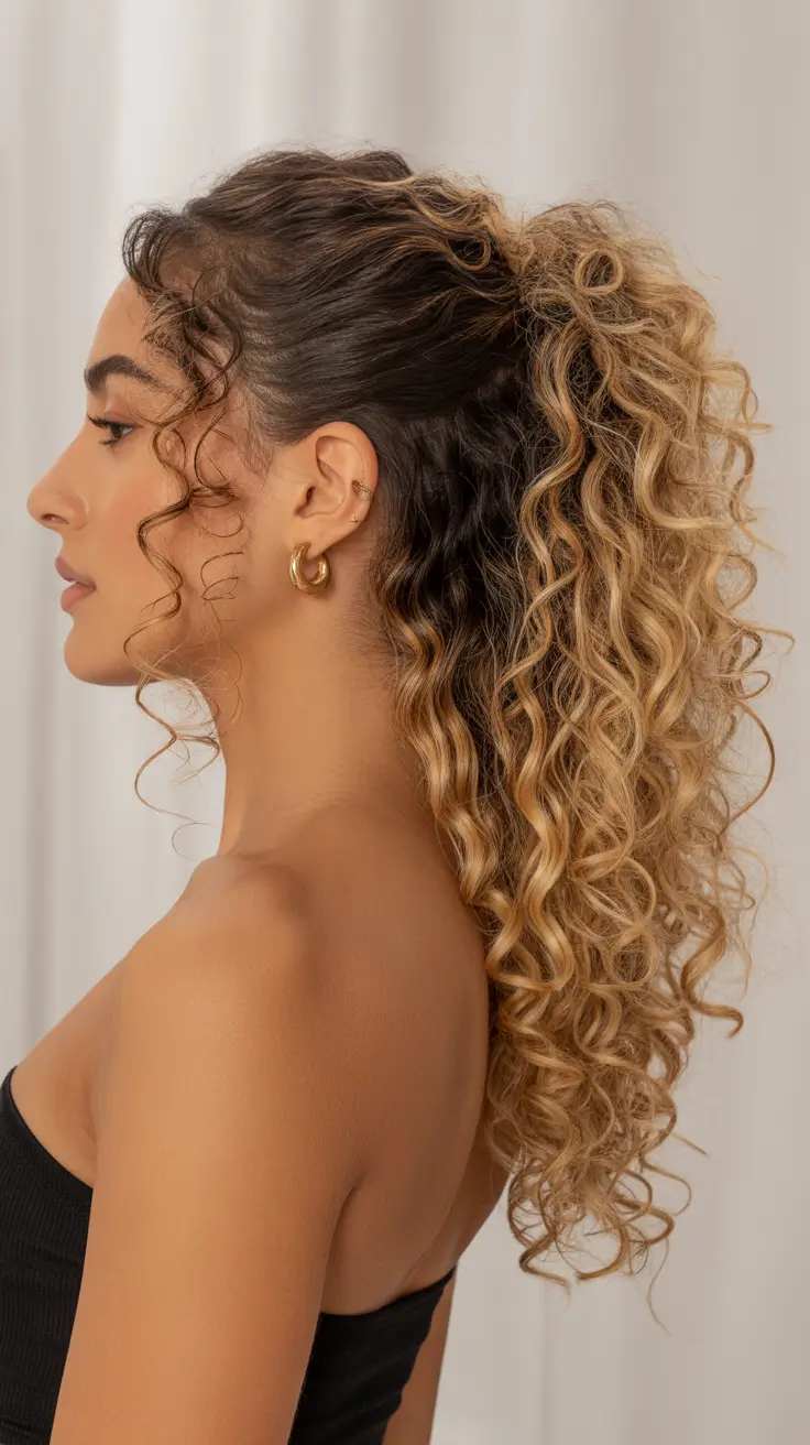 curly hairstyle Soft Blonde Curly Ponytail With Sculpted Front Spirals