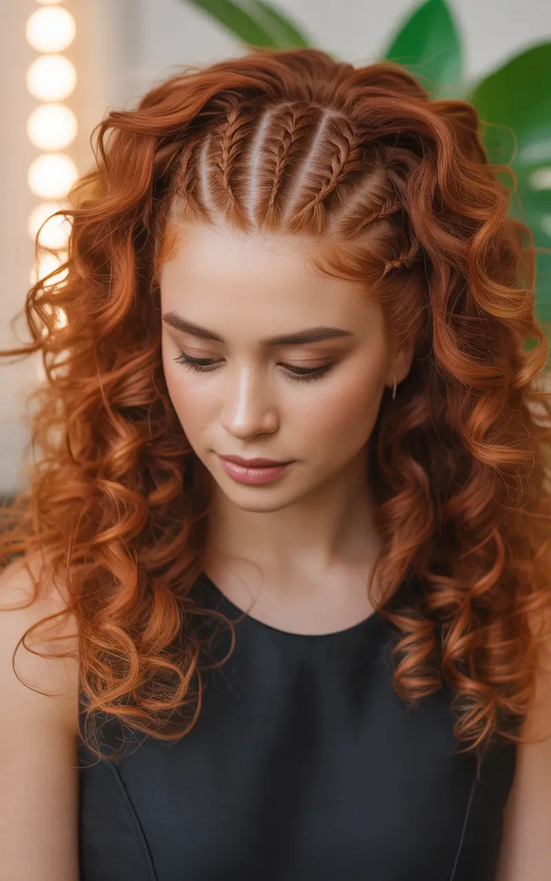 curly hairstyle Statement Braided Crown With Loose Ginger Curls