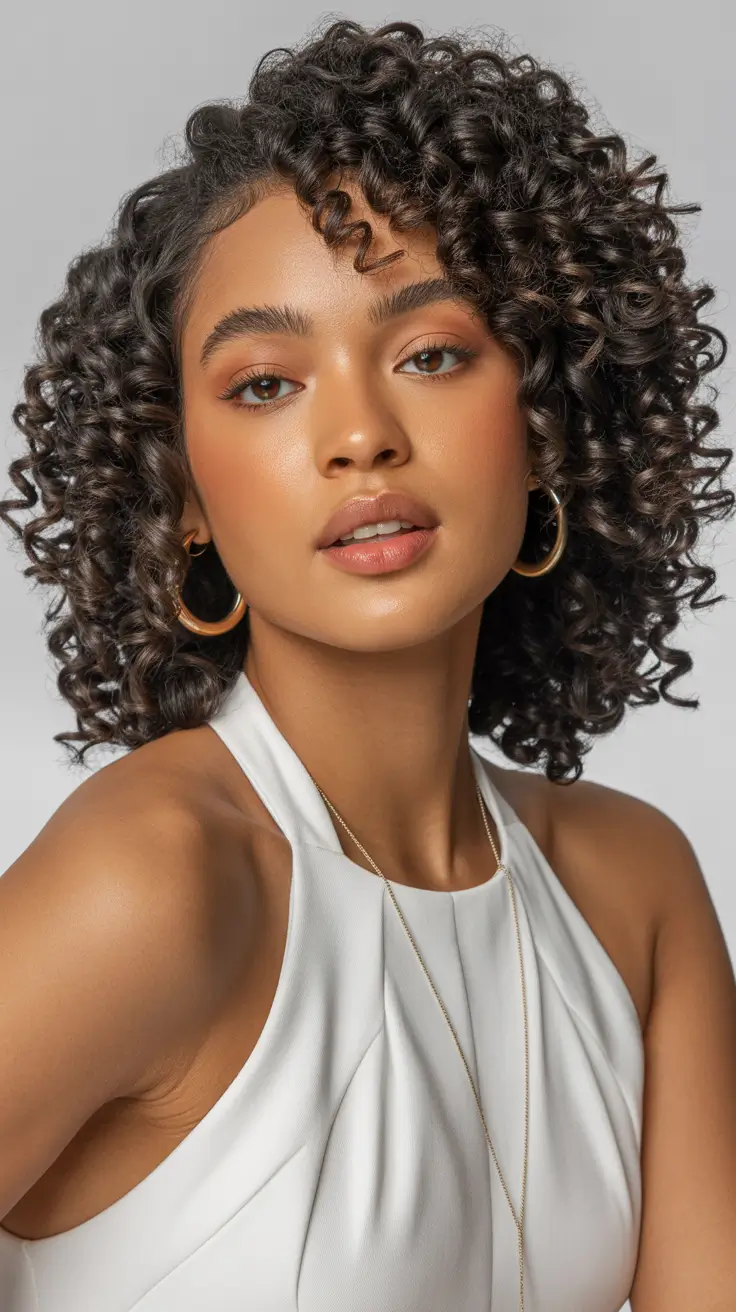 curly hairstyle Defined Shoulder-Length Curls With Clean Side Part