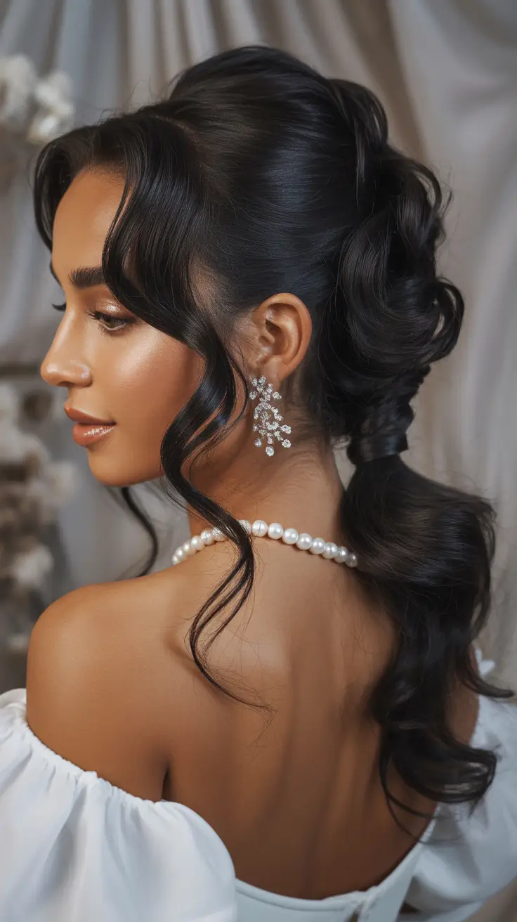 curly hairstyle Romantic Tied-Pony With Curled Ends and Draping Waves