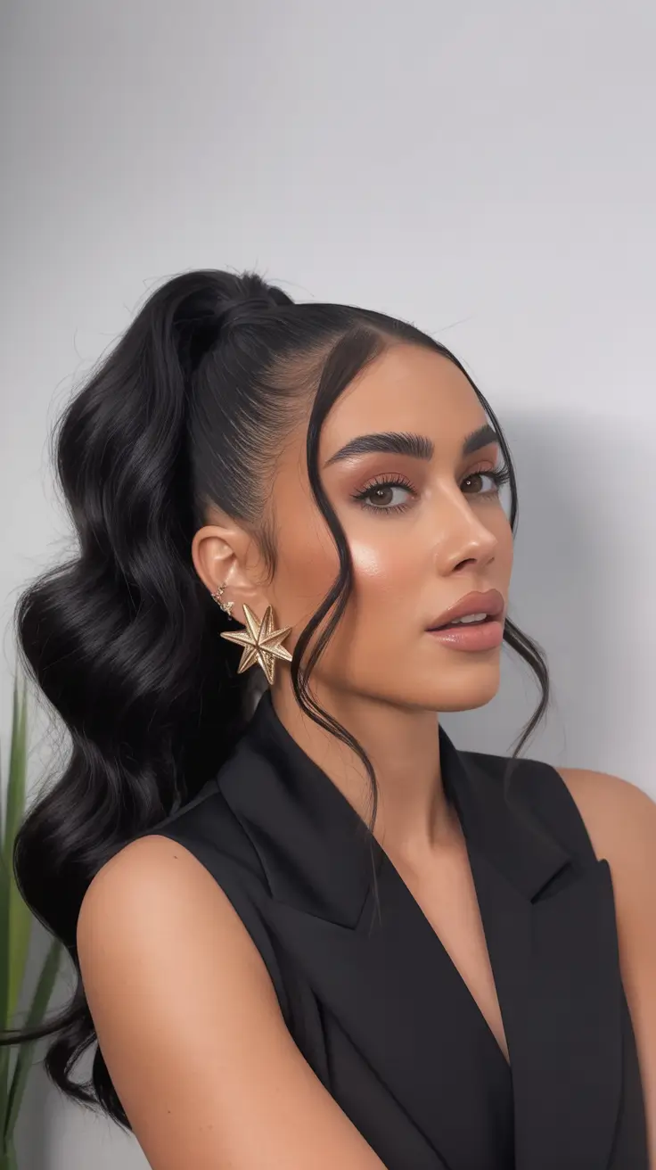 curly hairstyle High Curly Cascade Ponytail With Sharp Face Frame