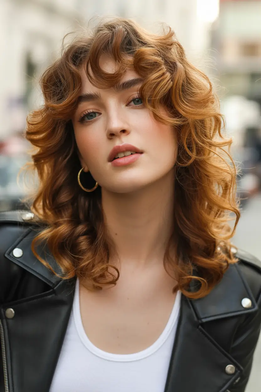 curly hairstyle Soft Copper Curls With Feathered Fringe