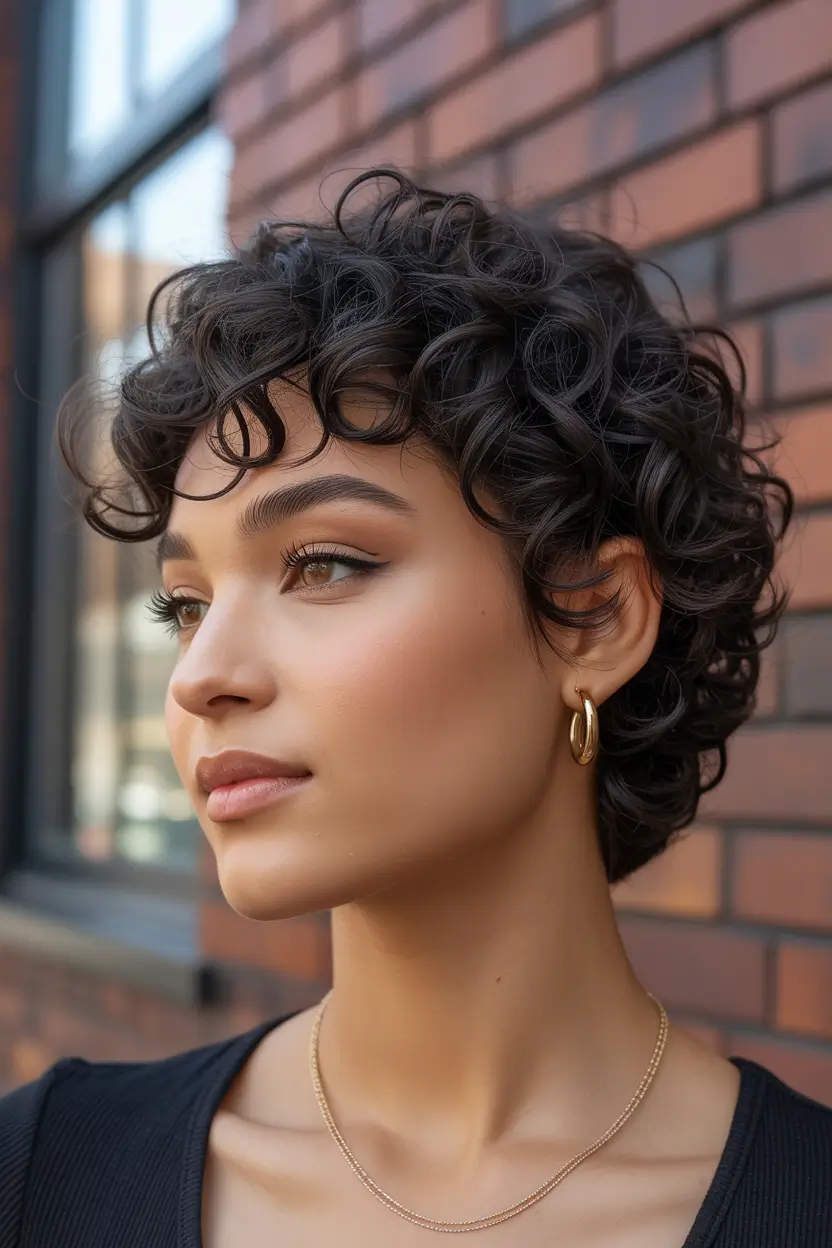 curly hairstyle Defined Curly Pixie With Soft Face-Framing Twirls