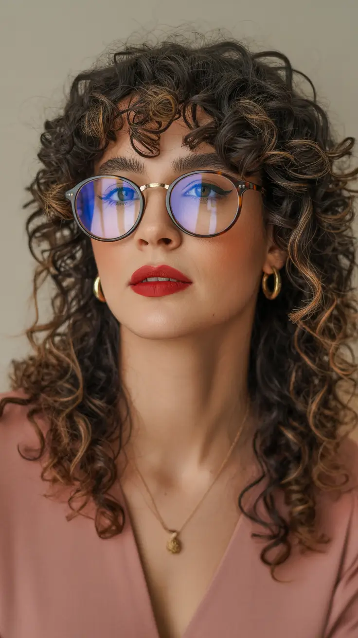 curly hairstyle Curly Layers With Honeyed Highlights and Soft Fringe