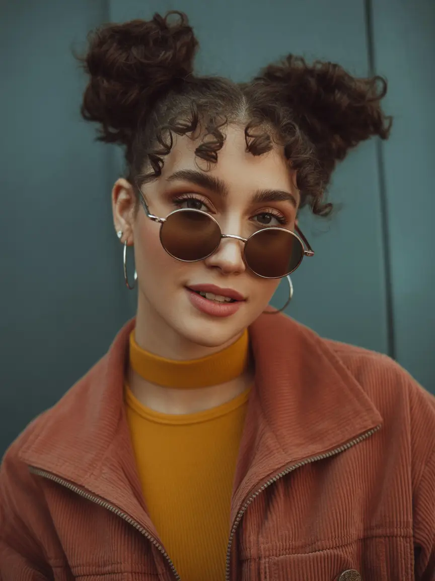 curly hairstyle Y2K Double Curly Buns With Playful Front Spirals