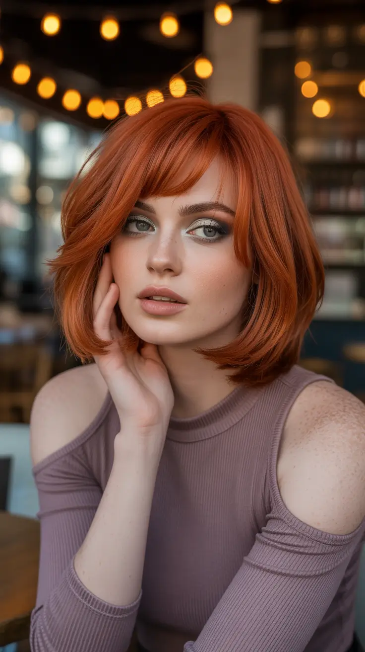 bob hairstyle Fiery Copper Bob With Side-Swept Fringe and Soft Layers