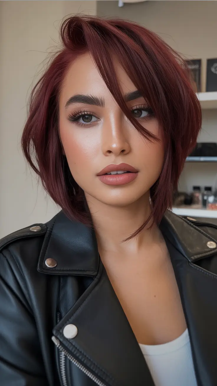 bob hairstyle Textured Merlot Bob With Windswept Fringe