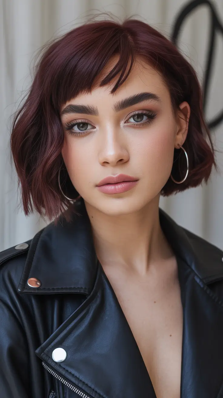 bob hairstyle Short Wavy Merlot Bob With Baby Fringe