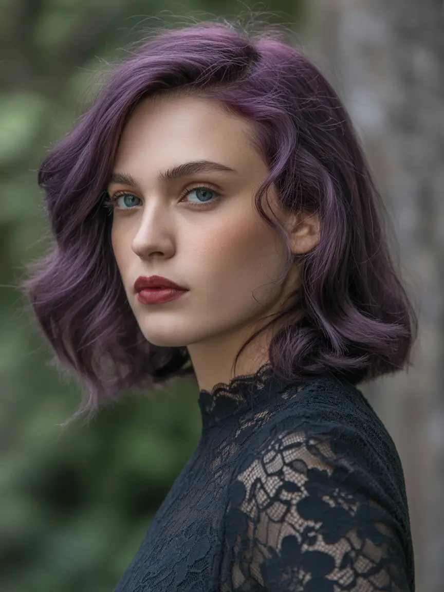bob hairstyle Moody Violet Wavy Bob With Vintage Elegance