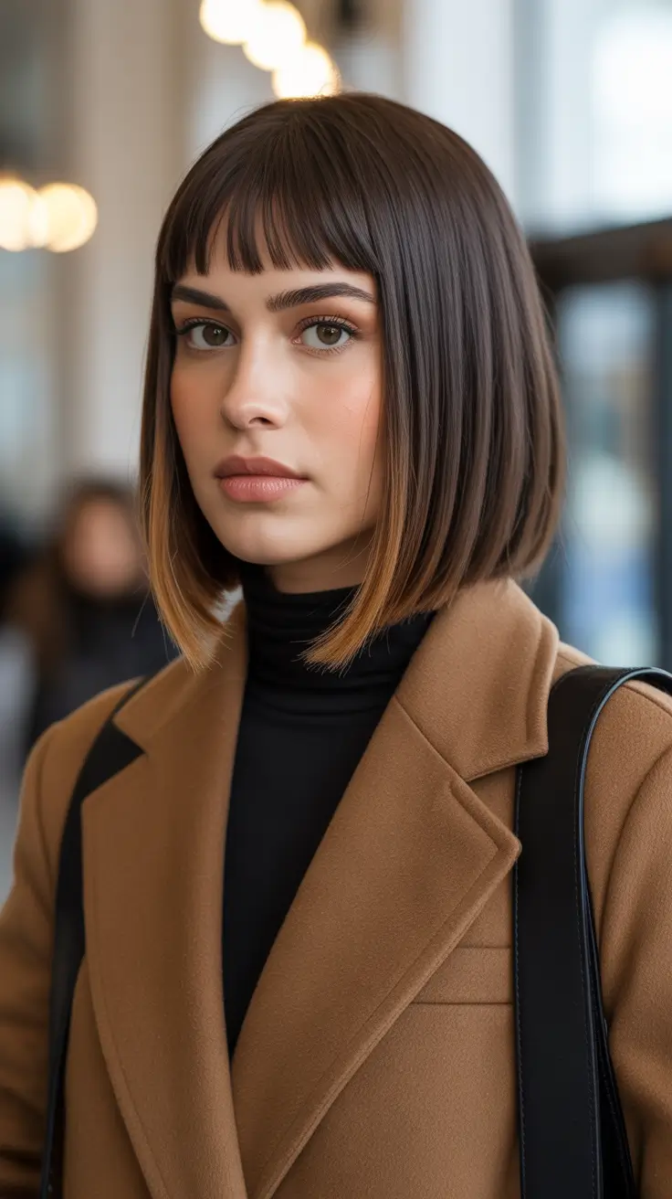 bob hairstyle Precision Bob With Baby Fringe and Caramel Accents