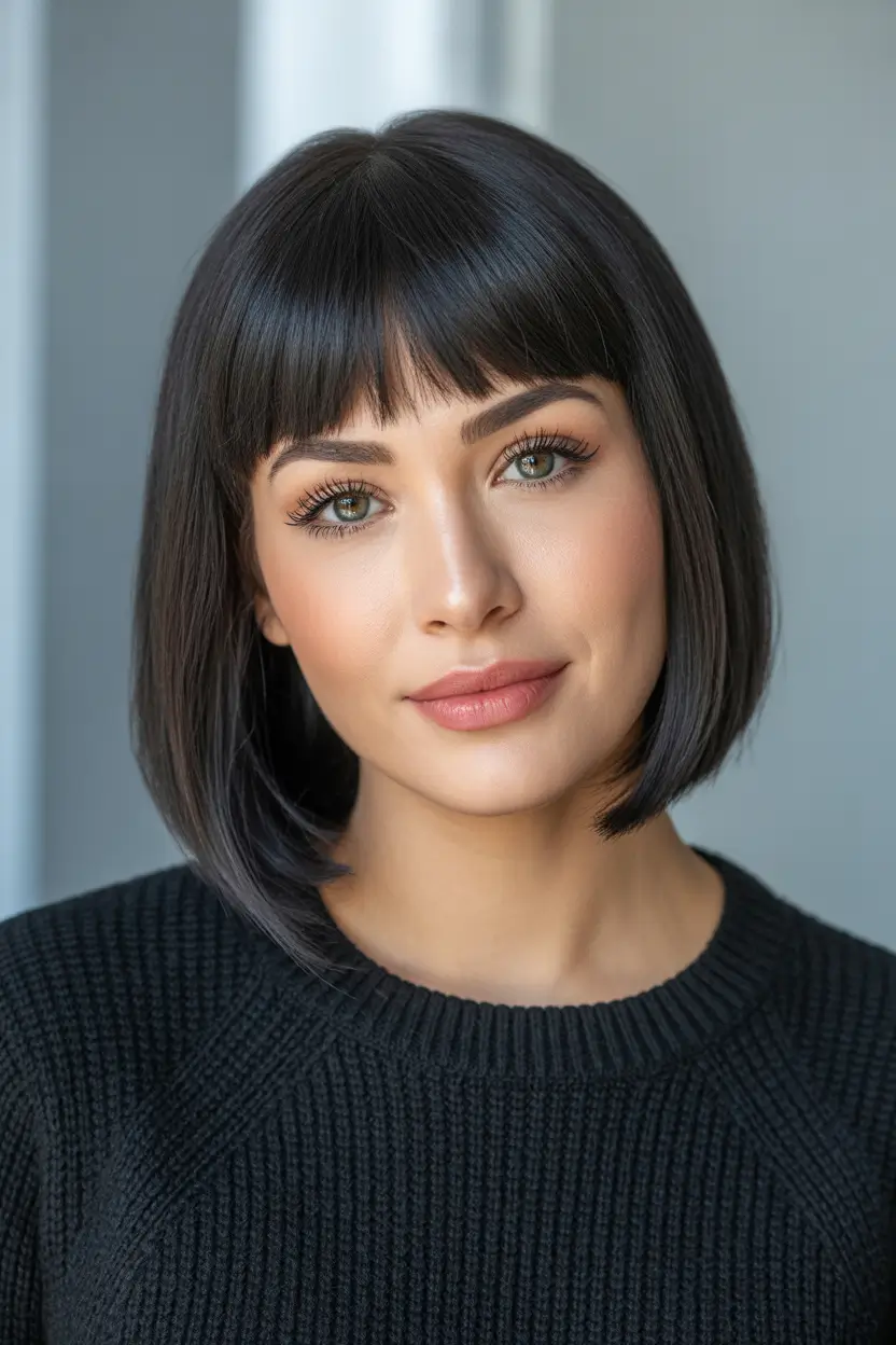 bob hairstyle Glossy Classic Bob With Soft, Blended Full Fringe
