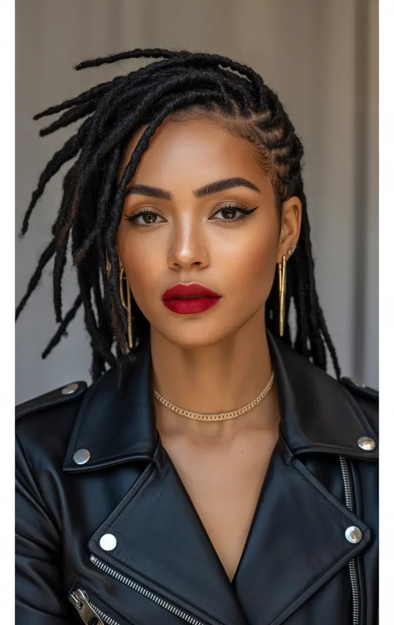hairstyle black women Side-Swept Locs with Clean Undercut Detail