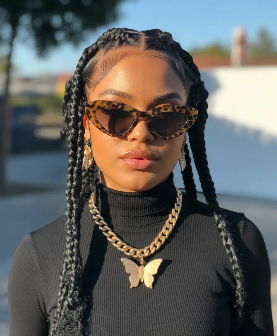 hairstyle black women Glossy Structured Braids with Statement Accessories