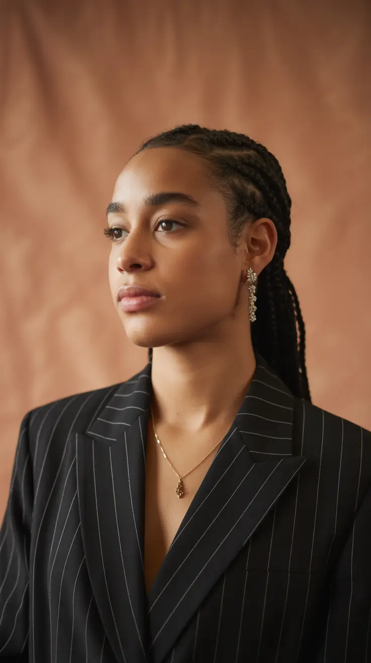 hairstyle black women Corporate Cornrows with Sleek Pinstripe Elegance