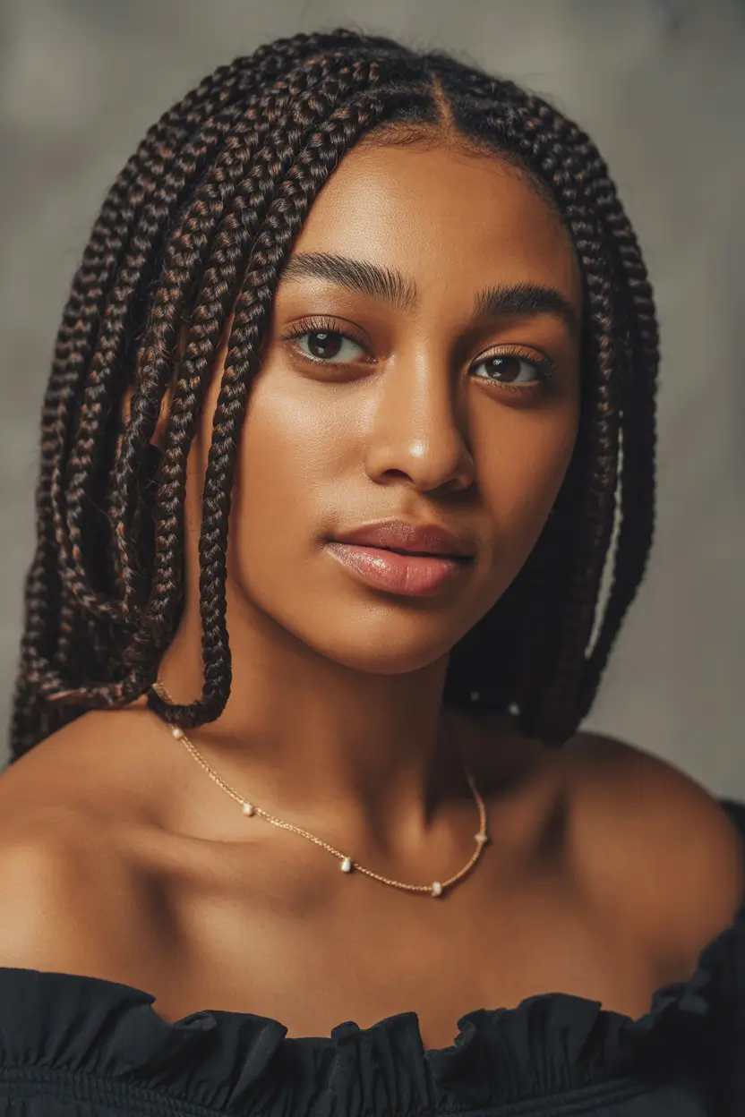 hairstyle black women Medium-Length Box Braids with Natural Movement