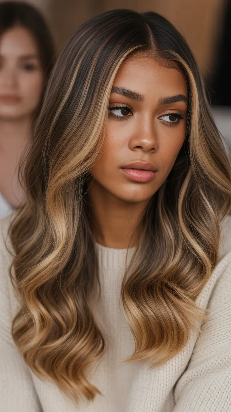 hairstyle black women Long Dimensional Waves with Soft Contour Highlights