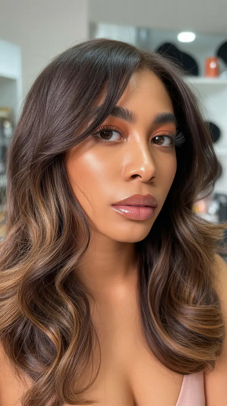 hairstyle black women Soft Volume Layers with Warm Brunette Dimension