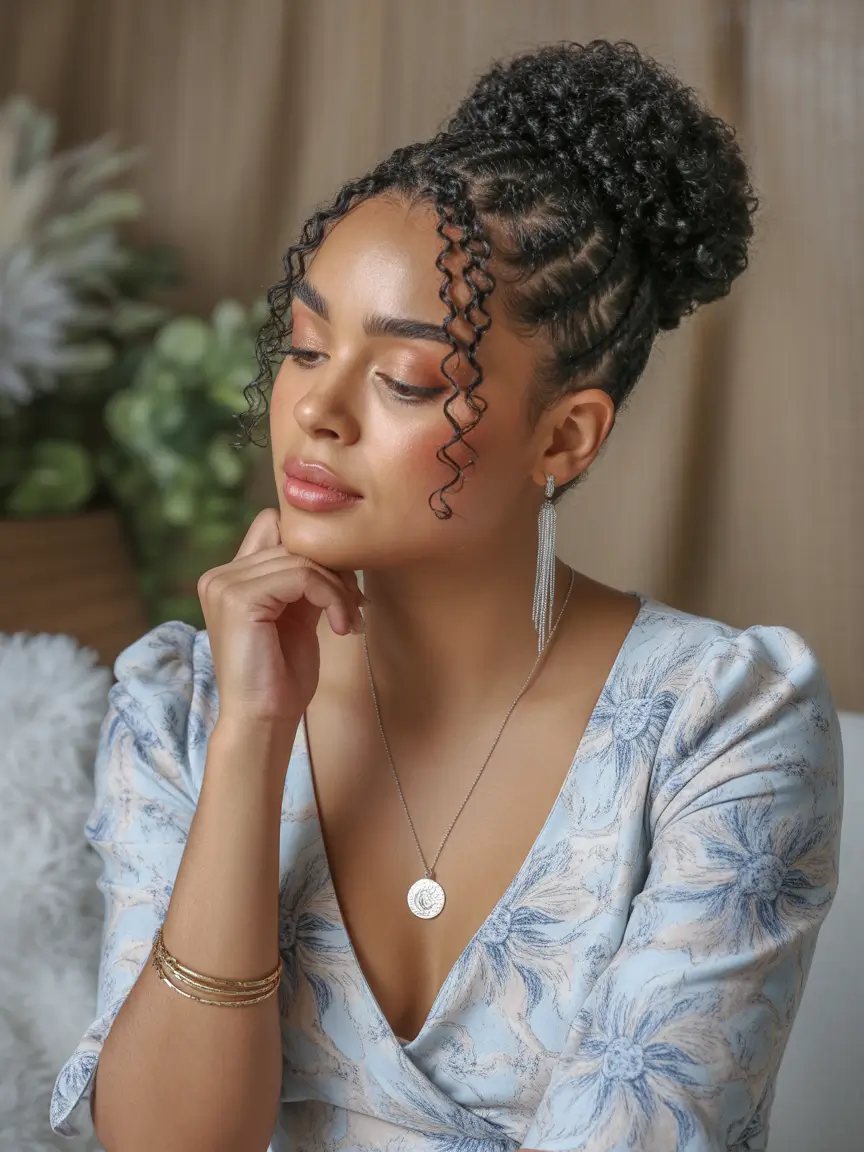 hairstyle black women Textured Bun Elegance with Spiral Tendrils