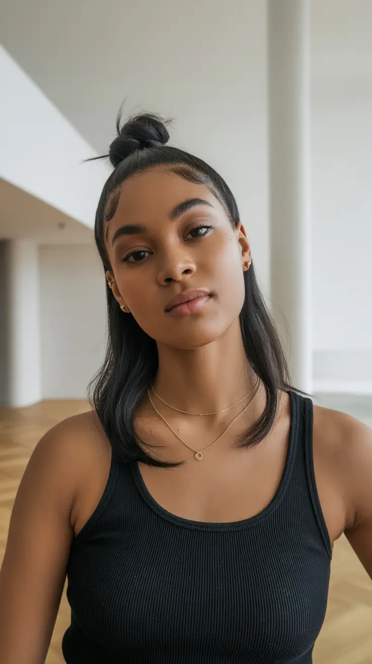 hairstyle black women Half-Up Natural Length with a Knotted Top Detail