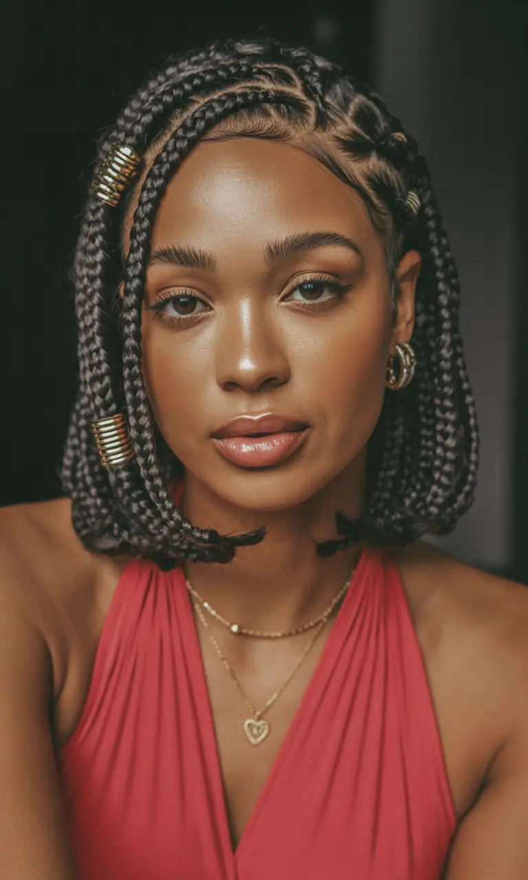 hairstyle black women Chin-Length Braided Bob with Metallic Accents