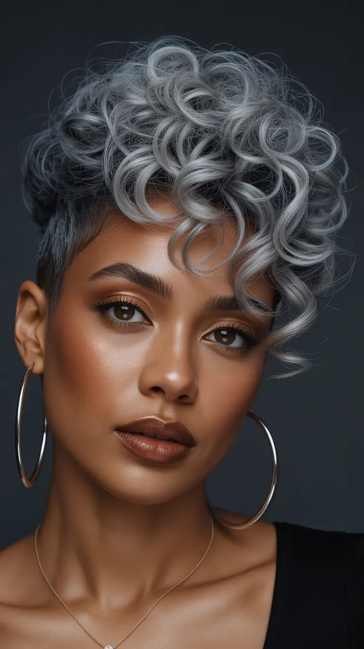hairstyle black women Voluminous Silver Curls with Tapered Sides