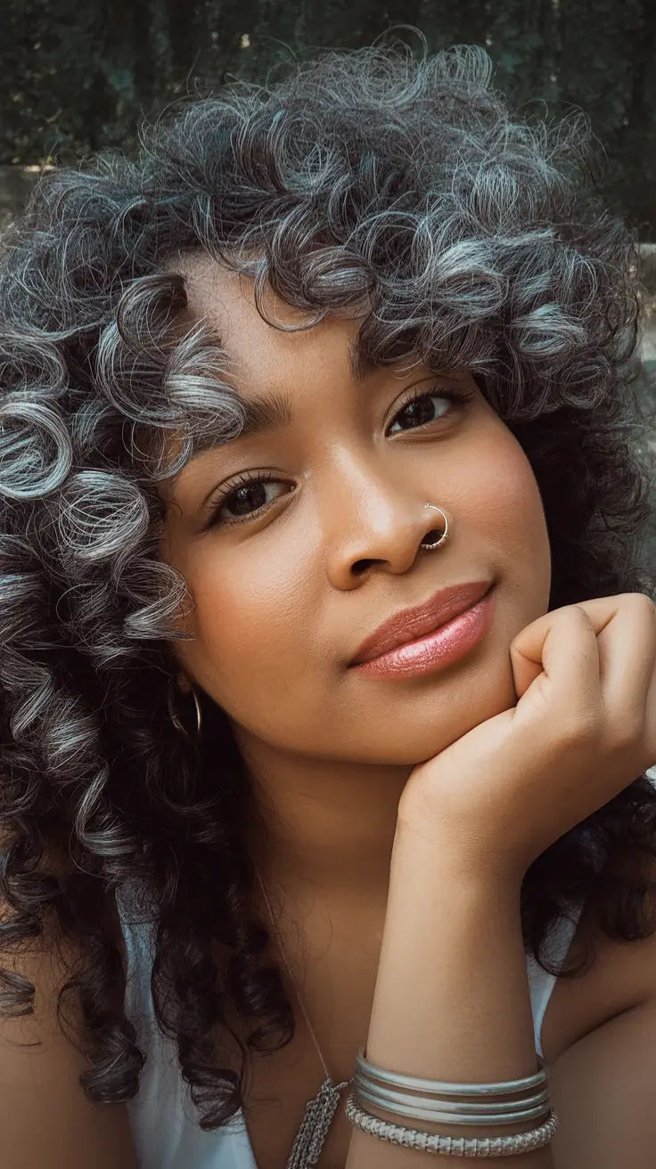 hairstyle black women Soft Silver Coils with Youthful Fringe