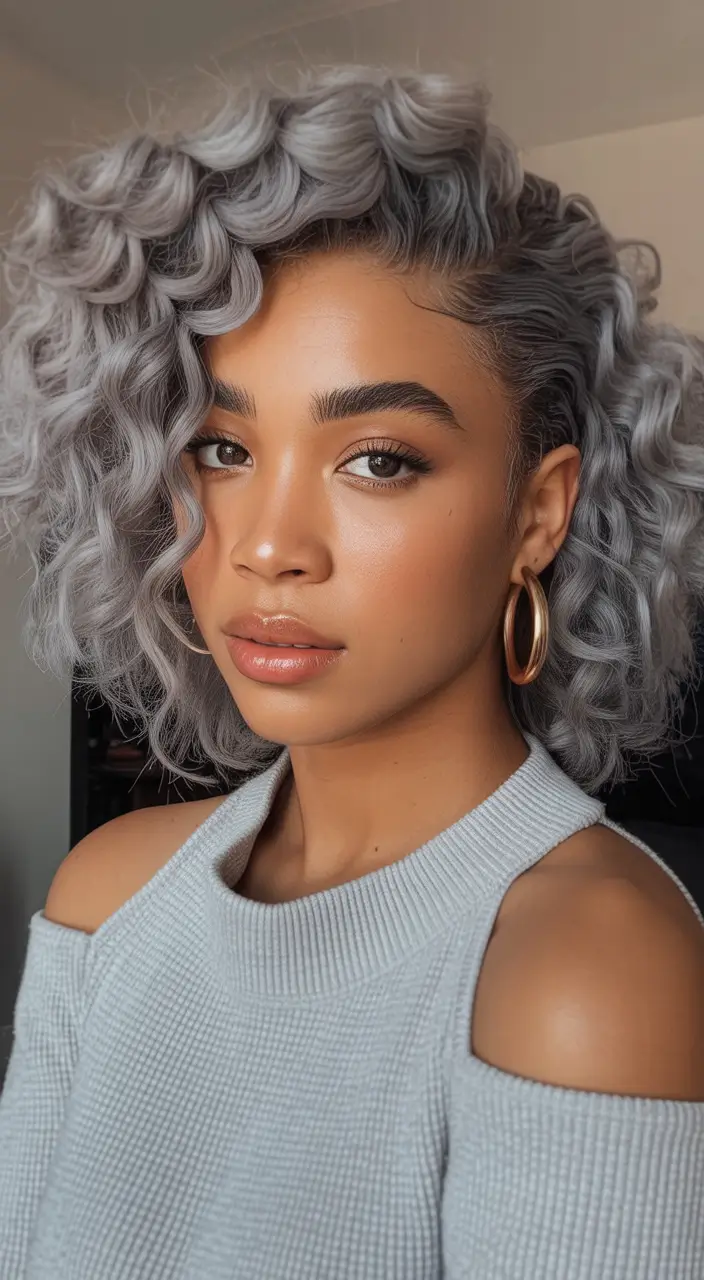 hairstyle black women Asymmetrical Silver Waves with Side-Part Drama