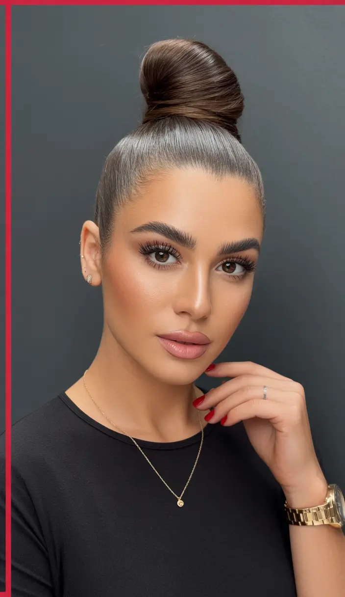 21 Cute long hair hairstyles 2026 Structured Top Knot with Polished Shine