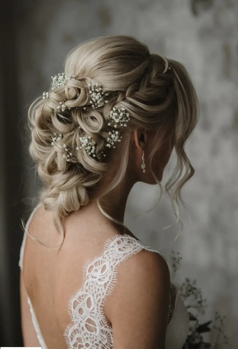 21 Cute long hair hairstyles 2026 Romantic Braided Bridal Updo with Soft Florals