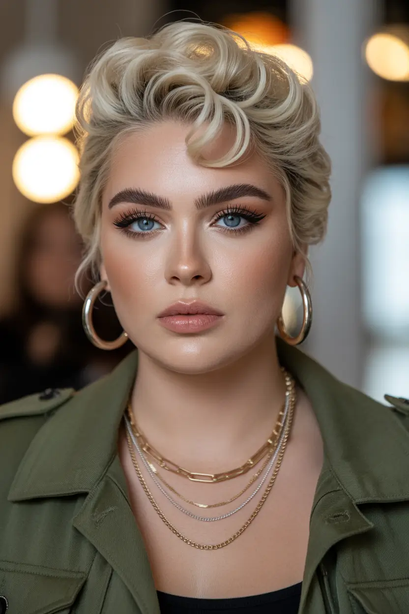 pixie haircuts Voluminous Curled Blonde Pixie With Sculpted Waves