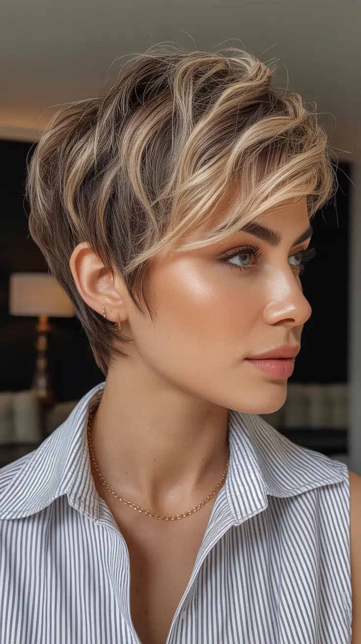 pixie haircuts Highlighted Wavy Pixie With Dimensional Movement