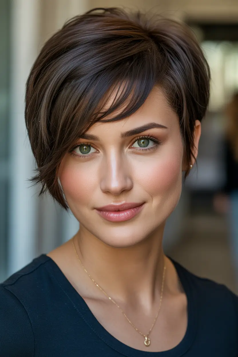 pixie haircuts Chocolate Layered Pixie With Soft-Shaped Fringe