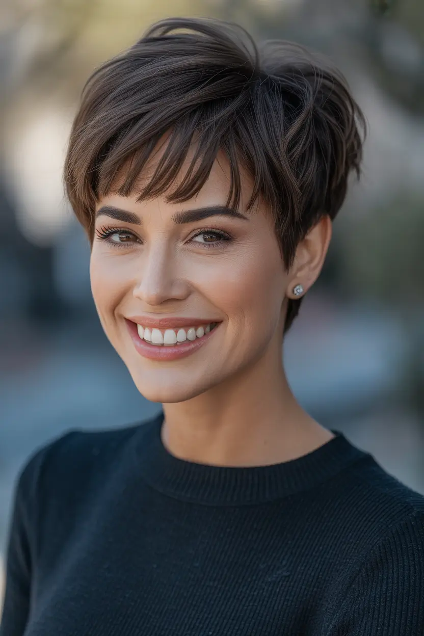 pixie haircuts Soft Brunette Pixie With Airy Fringe Texture