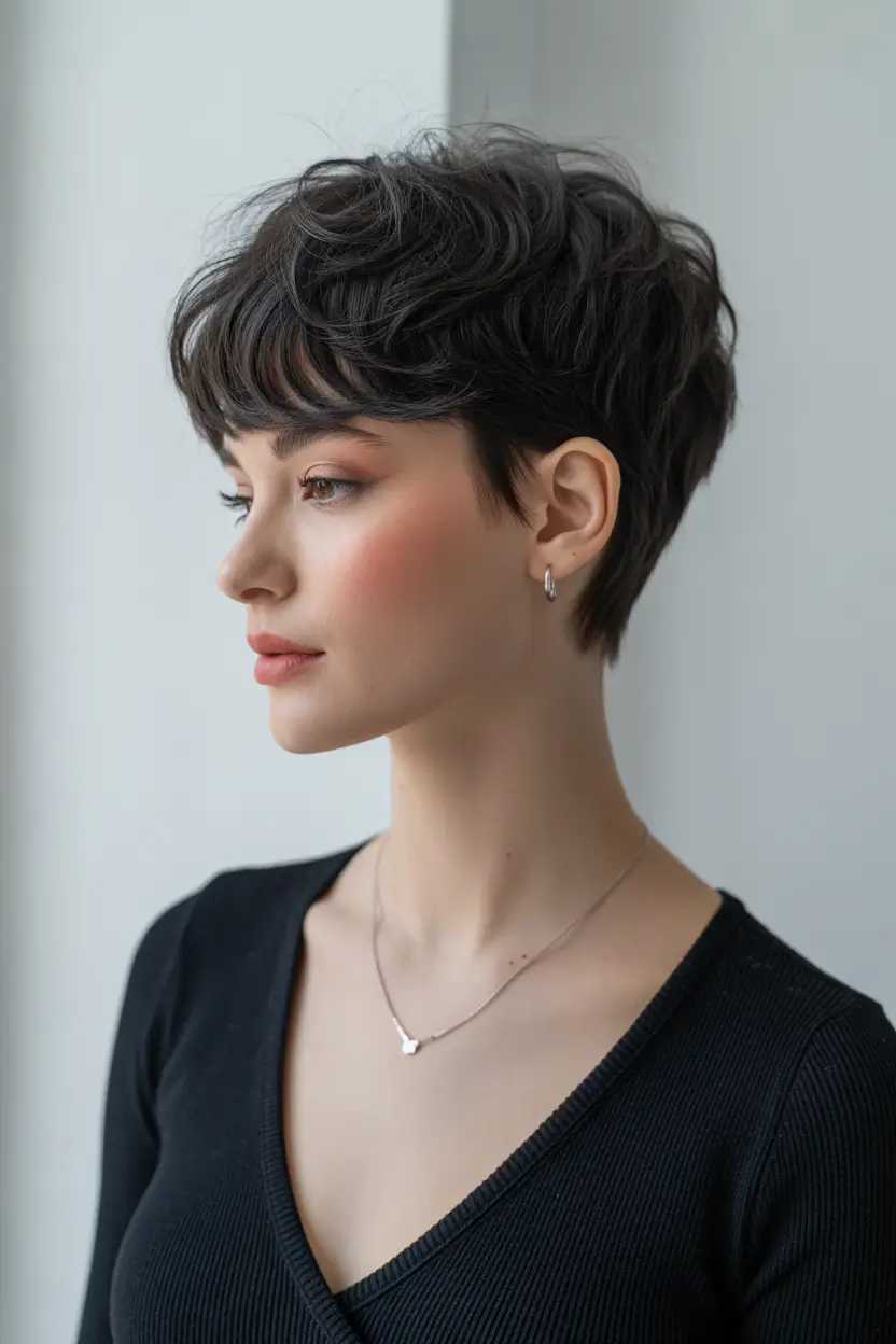 pixie haircuts Dark Wavy Pixie With Soft Volume and Micro Fringe