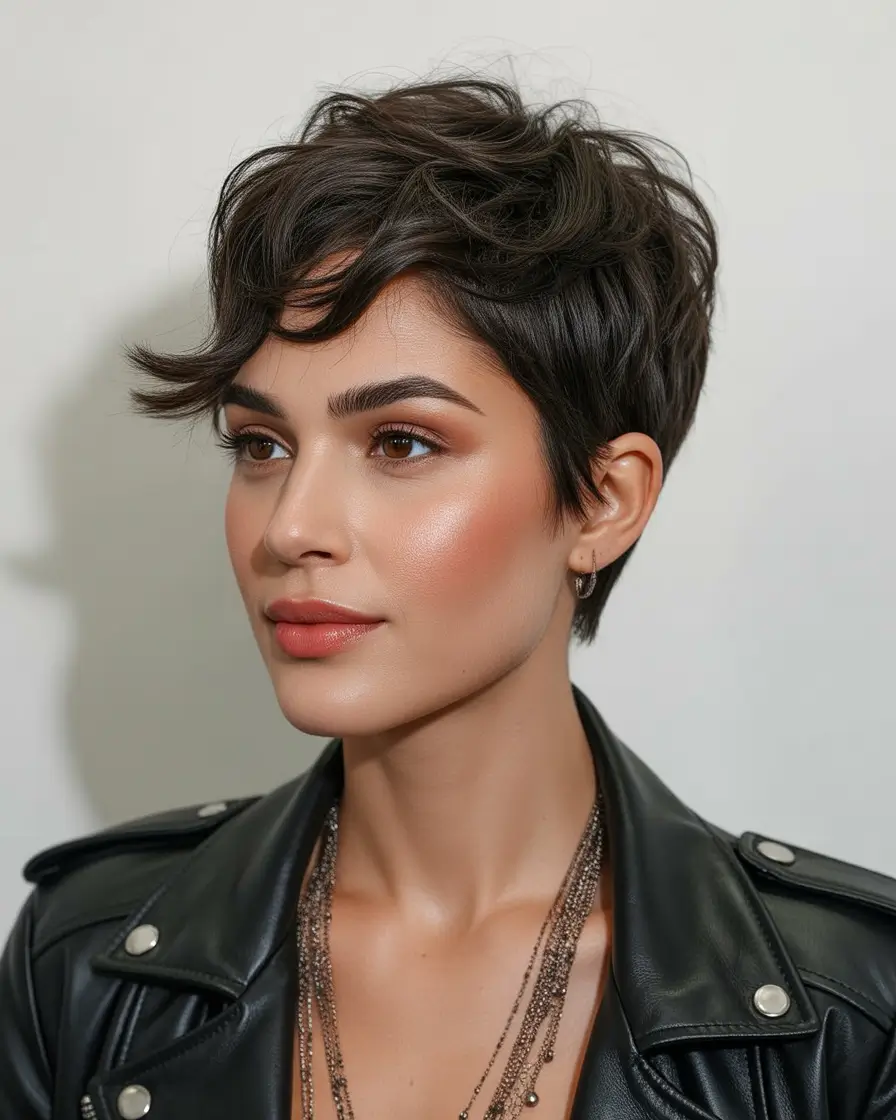 pixie haircuts Dark Tousled Pixie With Windswept Fringe