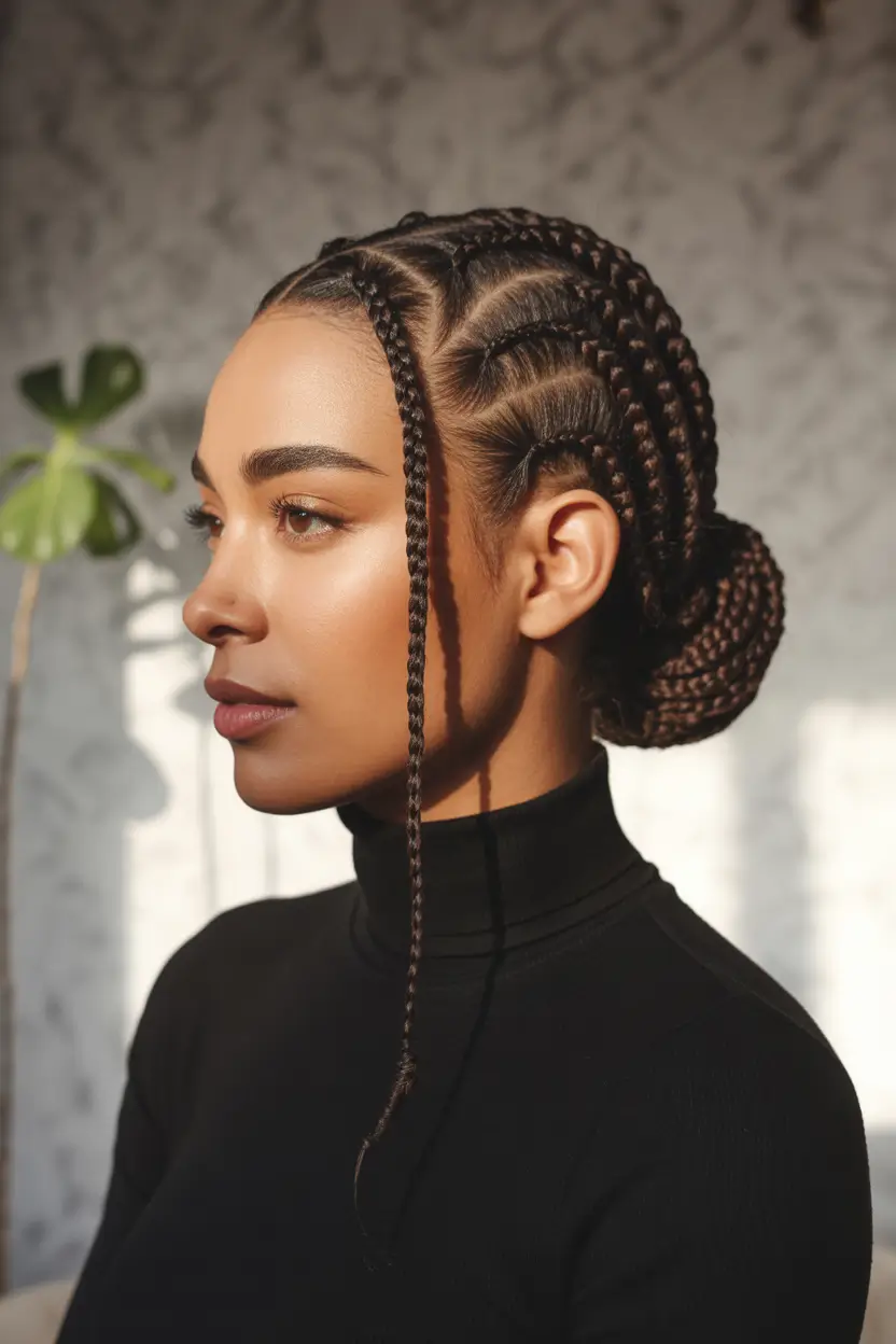 braids-hairstyle-Sleek-Cornrow-Bun-With-a-Single-Face-Braid