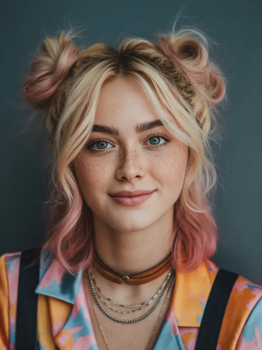easy hairstyle Pastel-Tipped Space Buns With Playful Color
