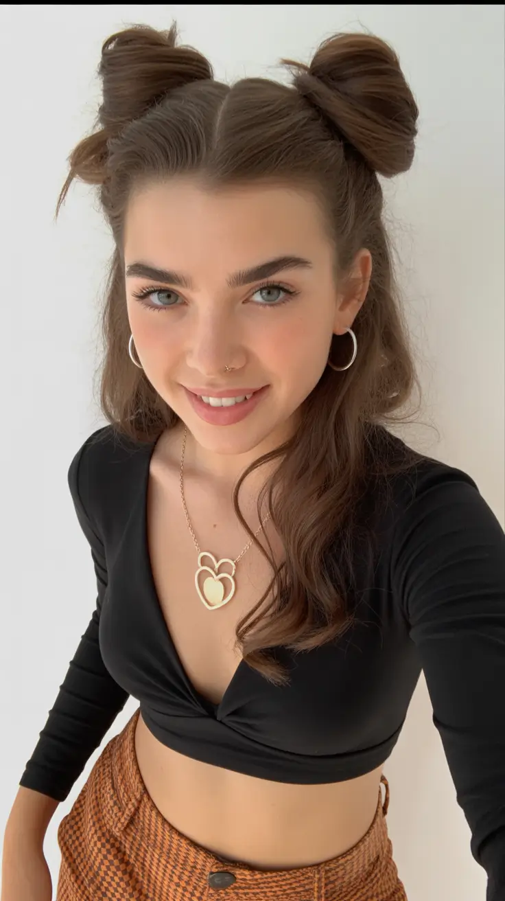 easy hairstyle Playful Half-Up Buns With Soft Waves