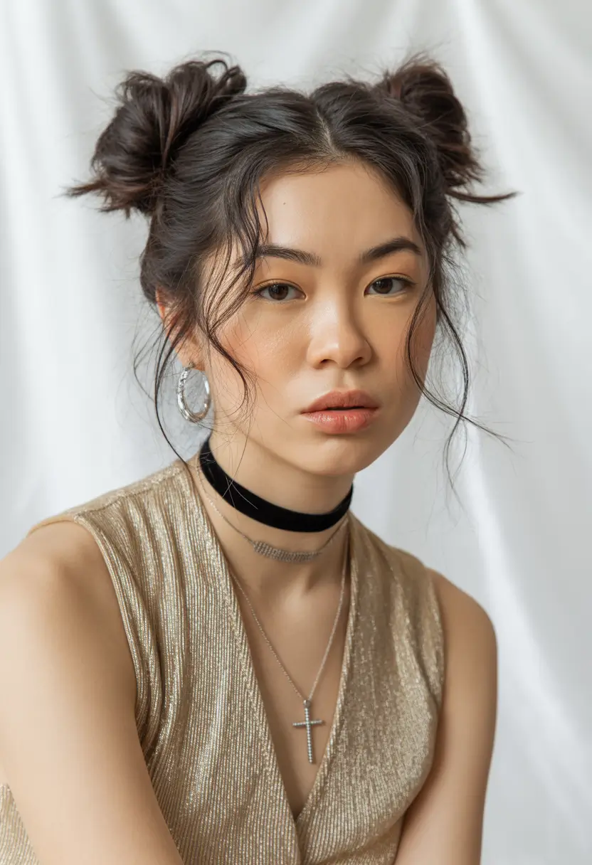 easy hairstyle Soft Twin Buns With Loose Strands