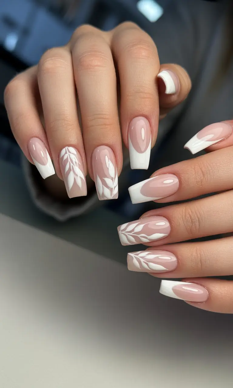 french nails Milky White French With Botanical Art