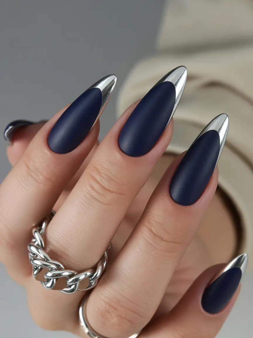 french nails Midnight Blue French With Silver Chrome Tips