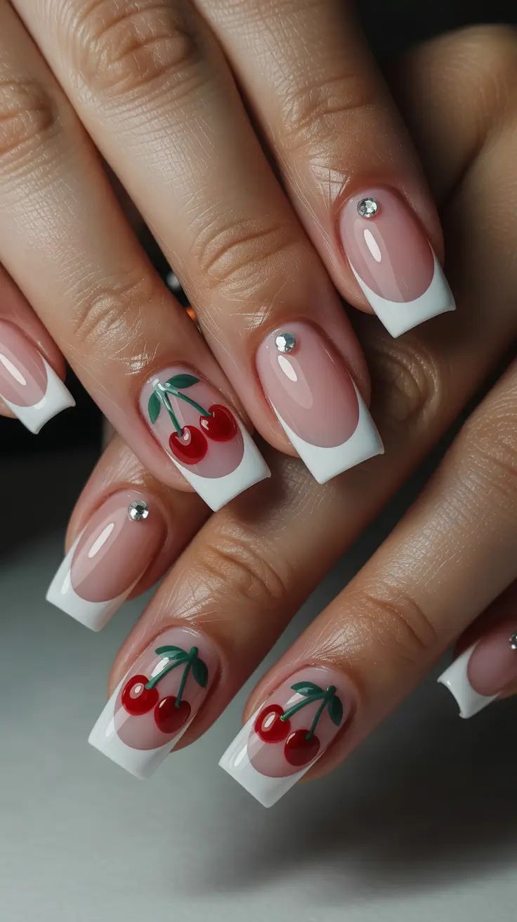 french nails Classic White French With Cherry Nail Art