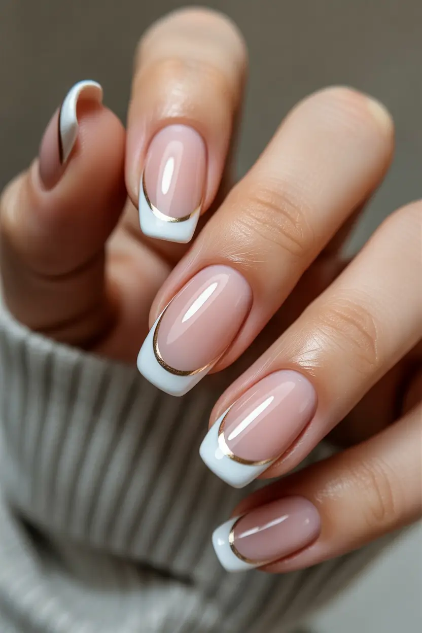 french nails Minimal Double French With Gold Outline