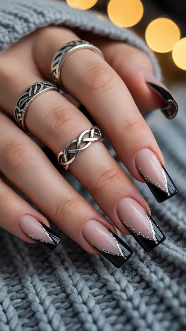 french nails Black French With Subtle Glitter Edge