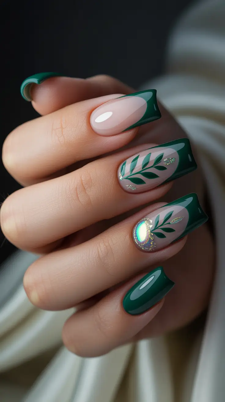 french nails Green French With Leaf Art And Crystal Accent